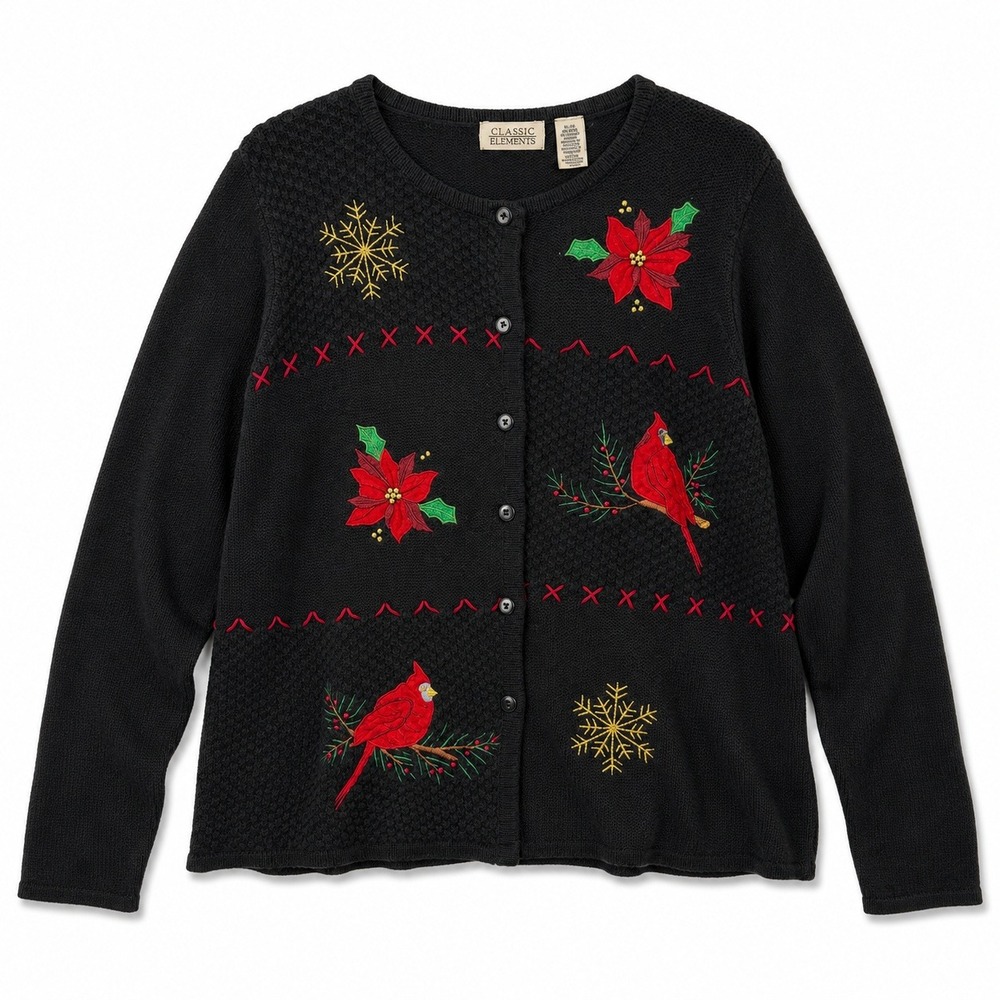 Vintage 90s Womens XL Christmas Cardinal Birds Animals Cardigan Holiday Cotton